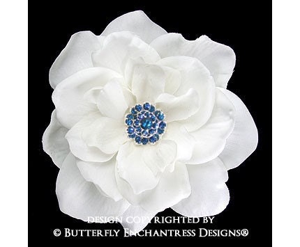 Something Blue Crystal Rhinestone White Sandrinne Gardenia Mini Bridal Hair Flower