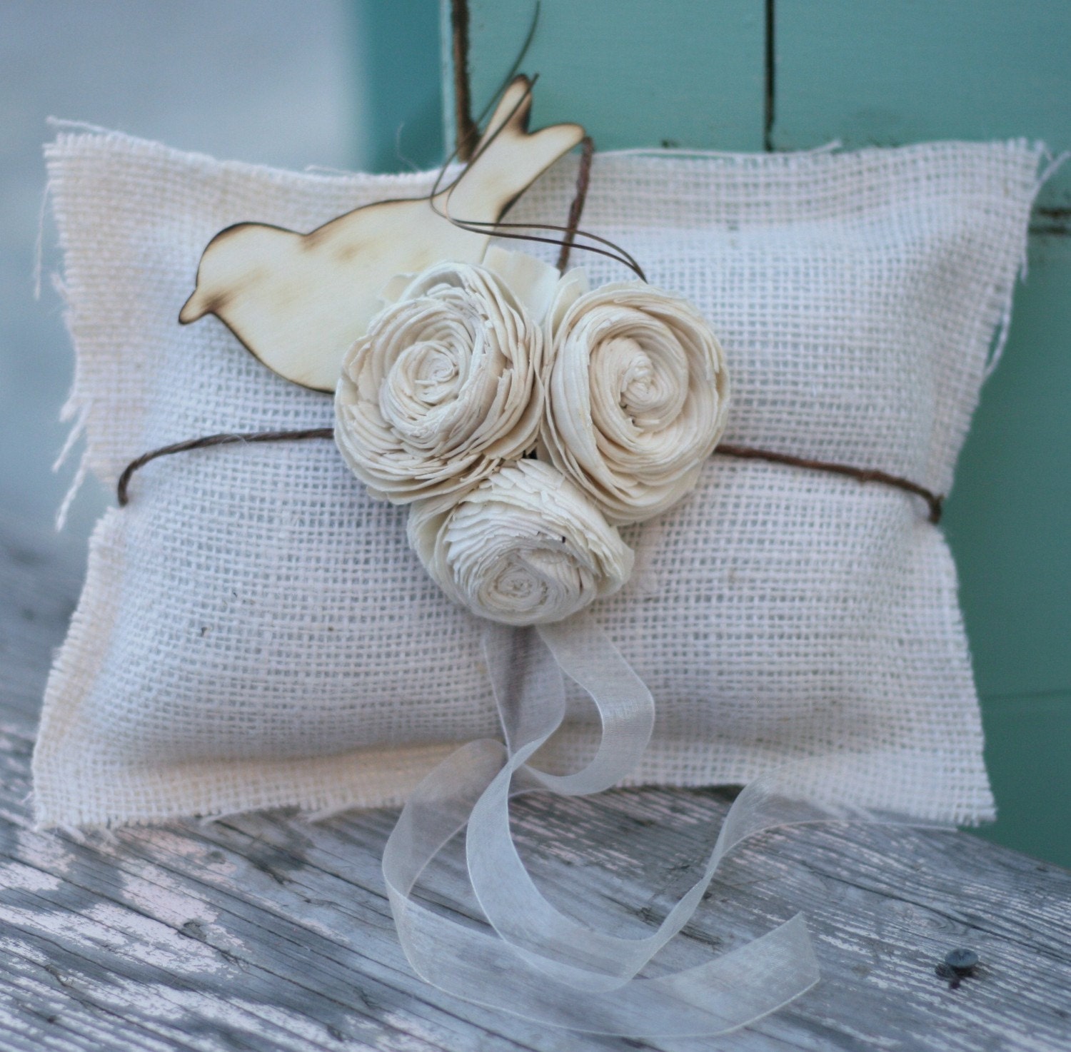 Vintage Antique Style Paper Roses Rustic Spring Summer Love Birds Woodland Wedding Shabby Chic Burlap Ring Bearer Pillow