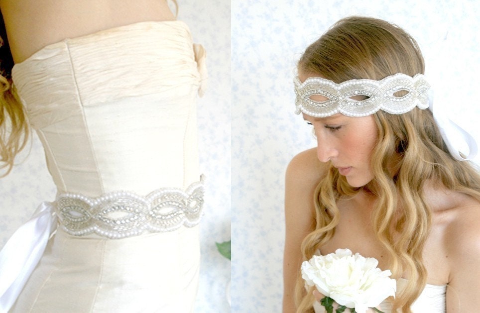 Buy 1 Get 1 SALE -Crystals pearls and glass beads silvery sash or headband