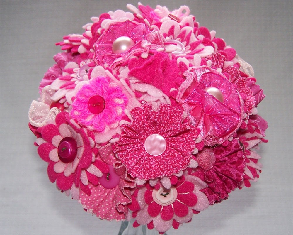 Pink and White Button Satin Wedding Bouquet