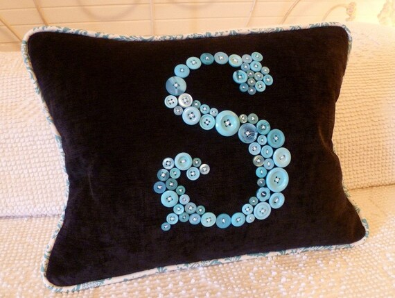 Black Pillow Monogrammed in Teal Blue Buttons -- by Letter Perfect Designs on Etsy