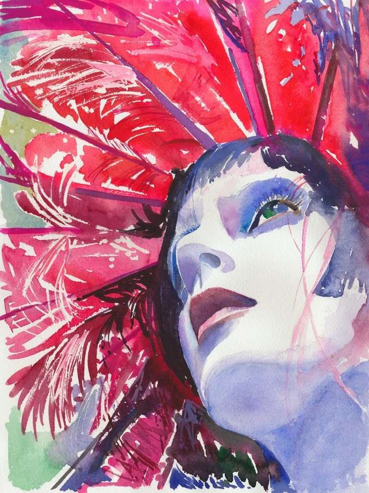 Watercolour Fashion Illustration Print - Red Feathers