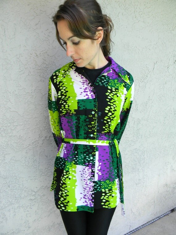 Technicolor Polyester Princess - Ultra Funky Vintage 70s Polyester Blouse/Mini Dress in Cool Abstract Electric Lime Green, Forest Green, White, Black, and Deep Purple - Double Knit til you Die