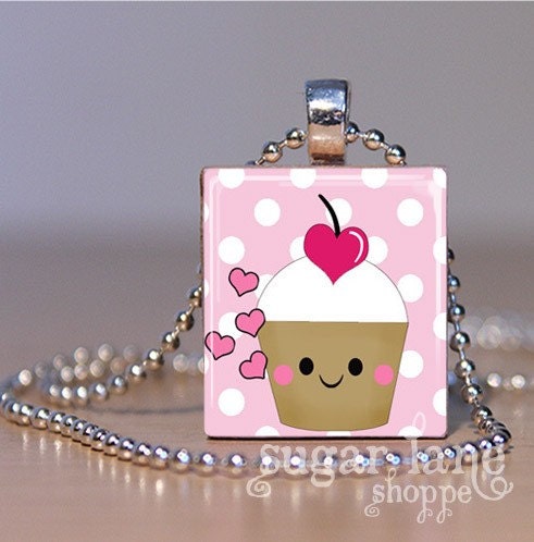 Kawaii Cupcakes in Love (Pink) Scrabble Tile Pendant Necklace with Chain