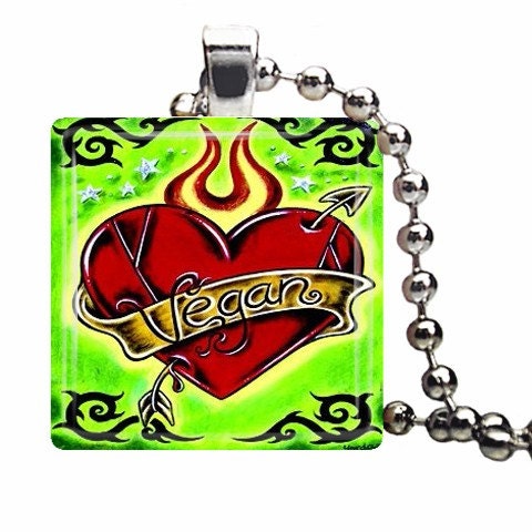 flaming heart tattoos. Vegan Red Flaming Heart Tattoo Inspired pendant necklace charm glass tile