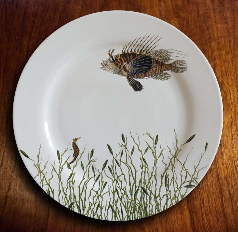 Large Porcelain Dinner Plate with Unique Fish Design