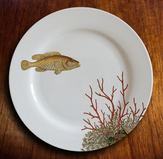 Large Porcelain Dinner Plate with Unique Fish Design