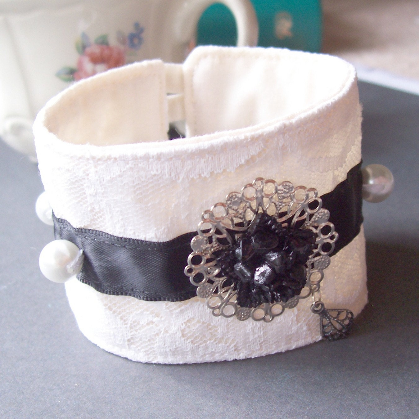 Fabric Cuff. Black Tie. Bracelet. Vintage Flower Cabochon. Lace. Ribbon. Black and White  by dspdavey on Etsy