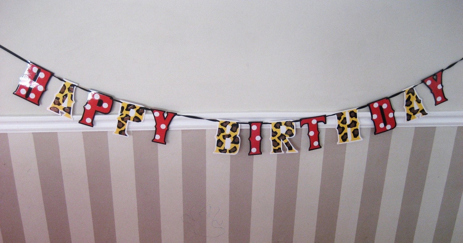 HaPPY BiRTHDAY Banner - Golden Yellow LEoPARD and Red MiNNIE Polka Dots