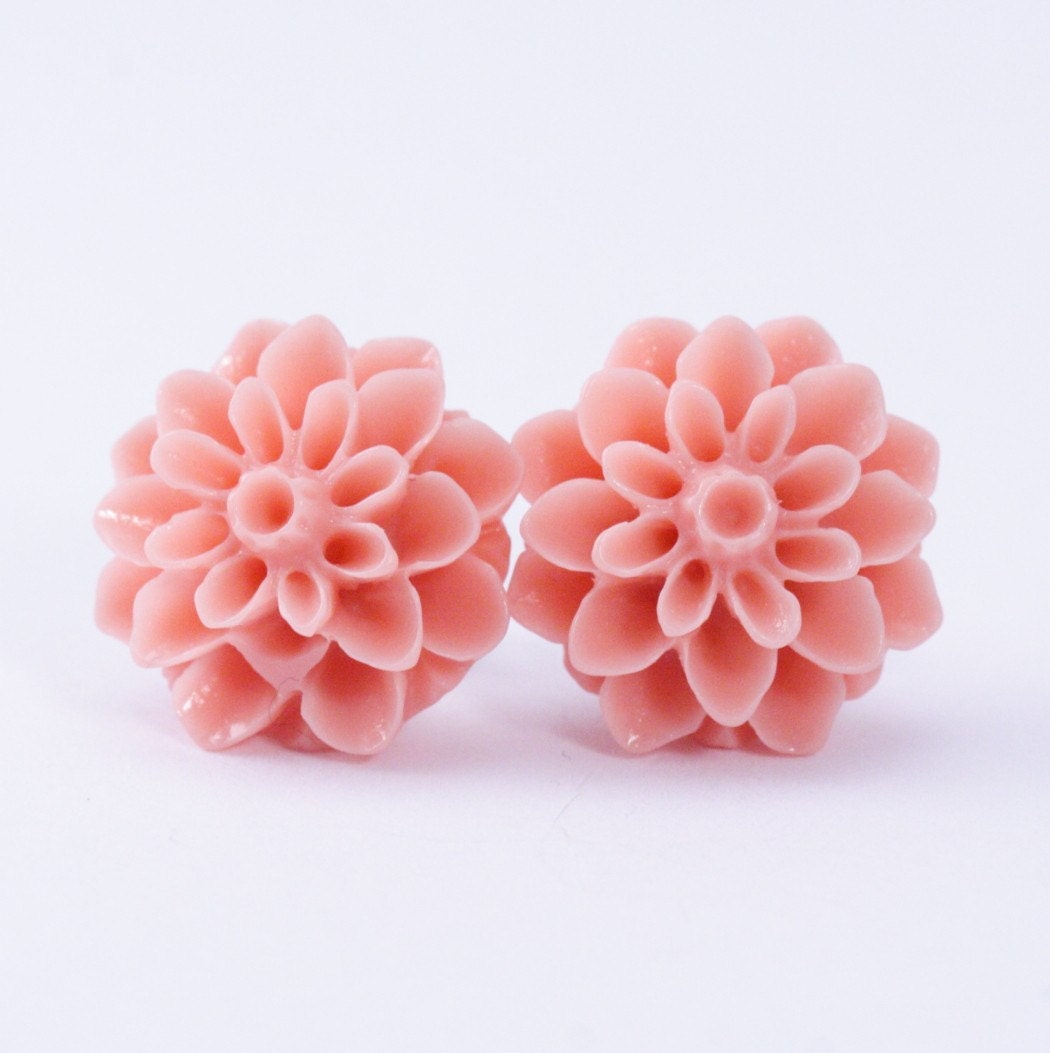 Coral Dahlia Flower Post Earrings