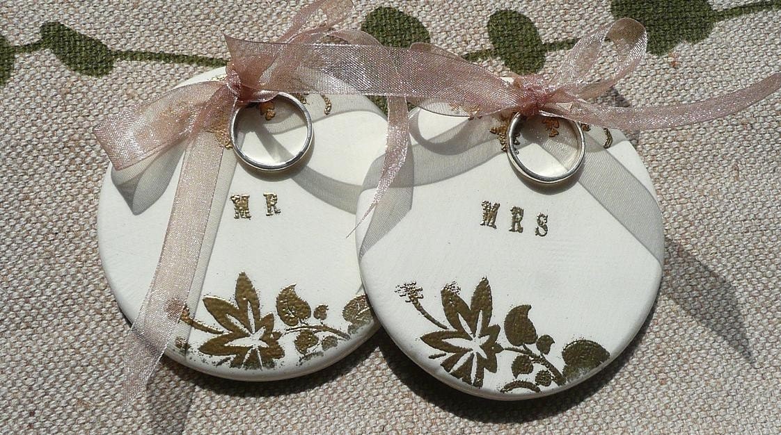 Set Of TWO Ceramic Ring Bearer Discs with keepsake box and charm Reads MR ans MRS
