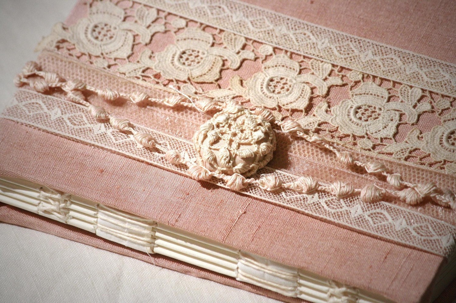 Guest Book - Rose Dust - Lace Wedding Guest Book, Ivory Lace and Pink Cream Pearls Embroidery on Netting Lace, Personalize, Handmade