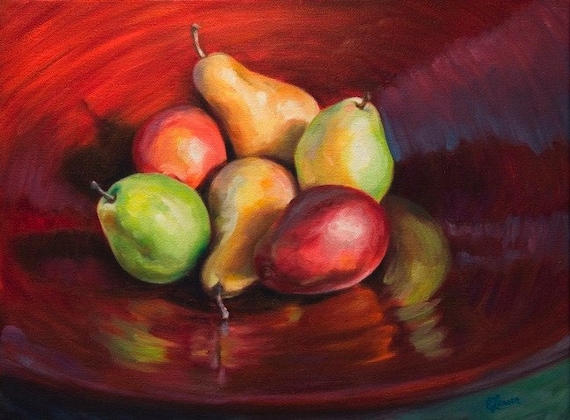 A Red Bowl of Pears - Original Painting, Framed