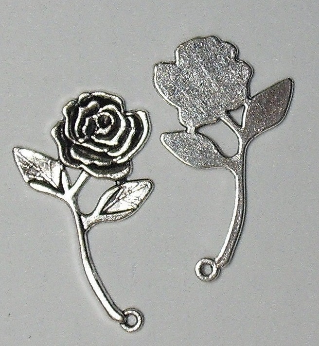 2 Pcs Antique Silver Big Rose Stalk Charm Pendants