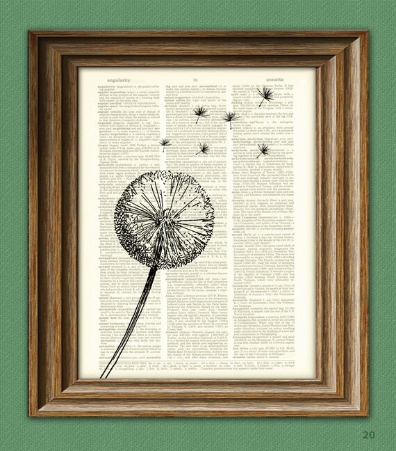 Dandelion flower parachute seed in the wind botanical illustration beautifully upcycled dictionary page book art print