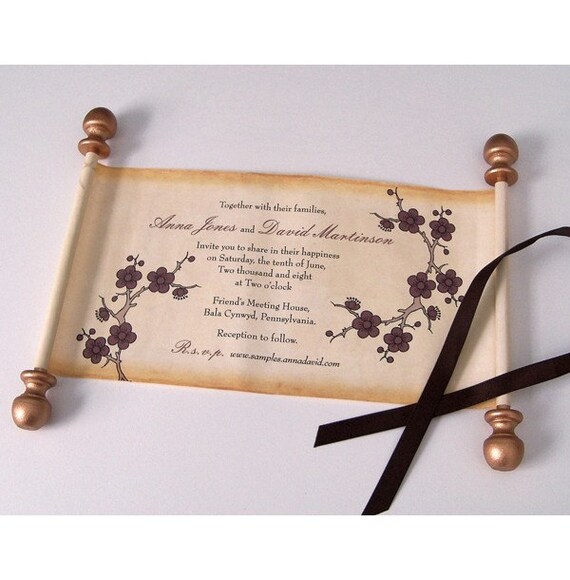 Scroll invitation with cherry blossom and mailing tubes
