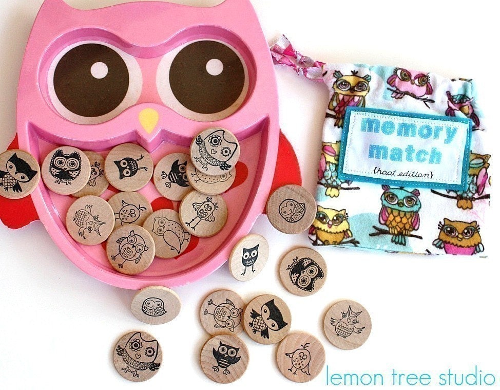 Wooden Matching Memory Game -- HOOT Edition