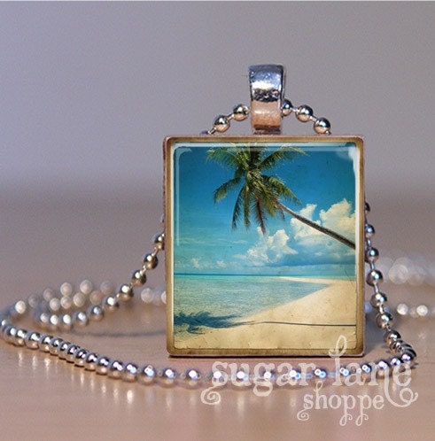 Tropical Beach Getaway Scrabble Tile Pendant Necklace with Chain