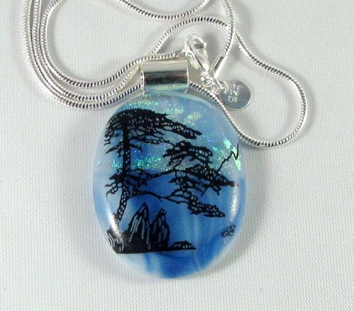 Handmade Magic Morning, Blue Dichroic Pendant, Sterling Silver Necklace