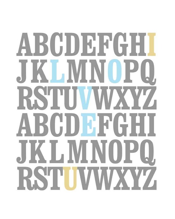 8x10 ABC Print. I love you. Alphabet Love. Typography Print. Light blue and tan.