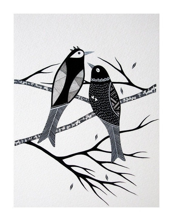 Custom 8x6 Black and White Original Illustration of Two Birds by Natasha Newton