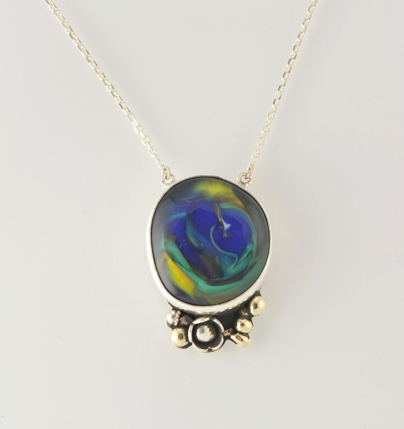 Cobalt Blue Yellow Green colors of Lampwork Glass Silver Necklace with Chain