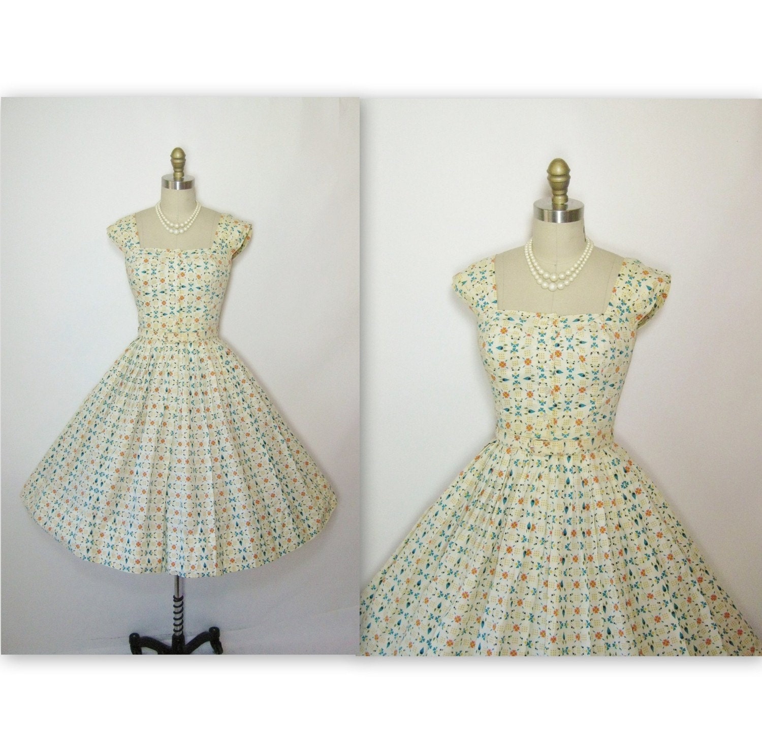 1950's Floral Cotton Garden Party Prom Summer Sun Dress XS