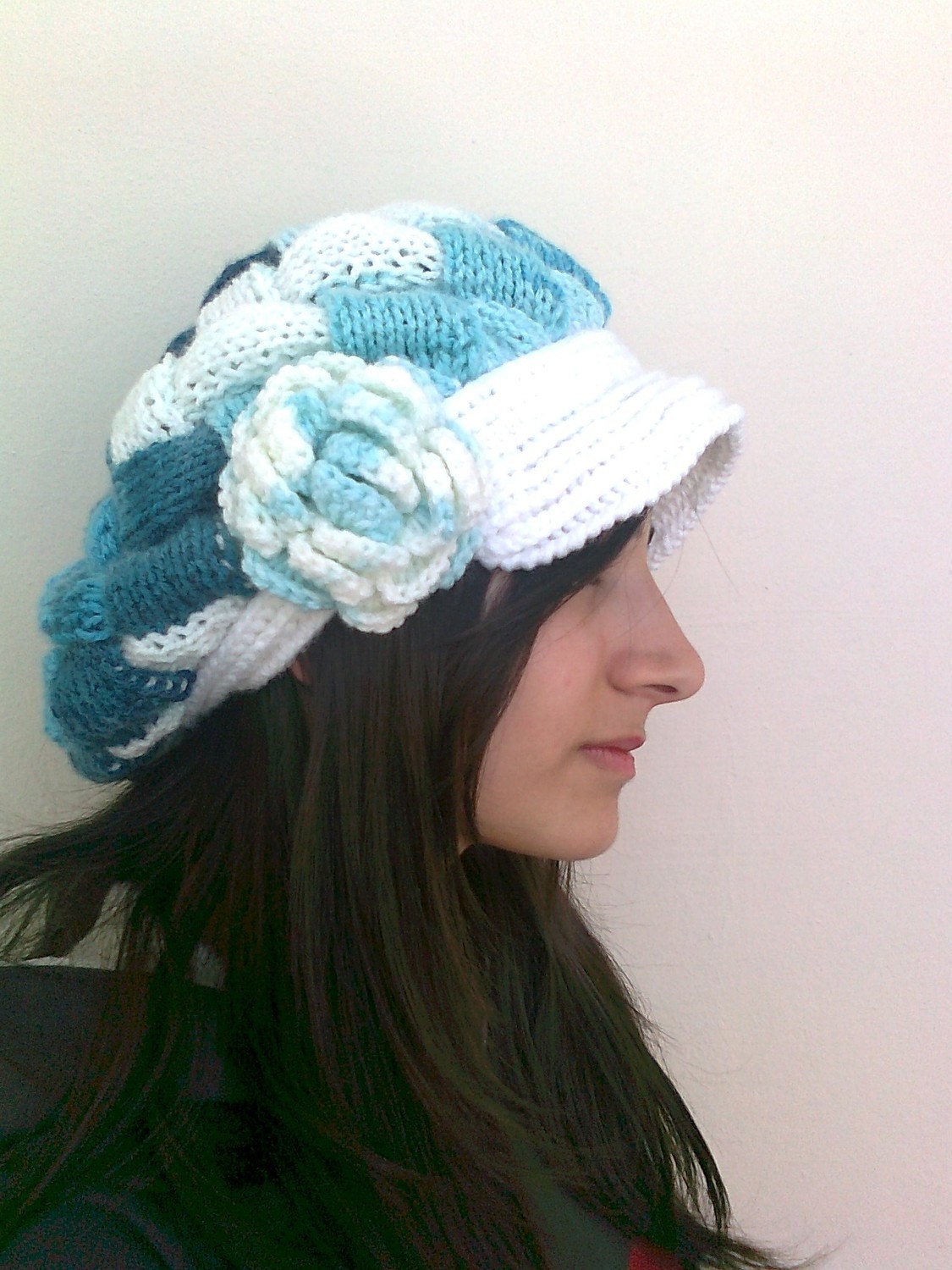 Shades of Turquoise Slouchy Newsboy Cap -Flower- Handmade-Knitted newsboy brimmed slouch hat