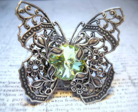 Kiss of Spring - Swarovski Crystal - Victorian Butterfly Filigree - Vintage Estate Rhinestone Cocktail Ring Adjustable