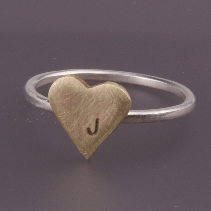 Heart Initial Brass and Sterling Silver Ring - Free Shipping