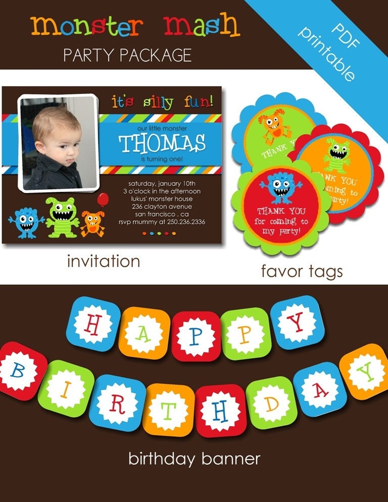 DIY Printable Birthday Party or Event Package. MONSTER MASH Collection. Customizable. Cupcake Toppers. Banner. Favor Tags. Owl. First Birthday. Any Age. Boy or Girl. Little Monster.