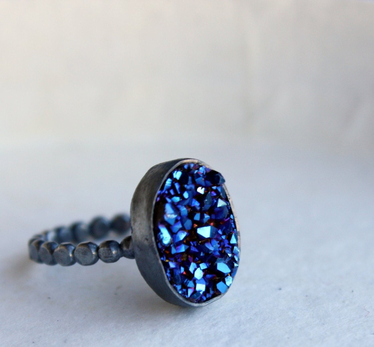 Midnight Blue Sparkling Drusy in Oxidized Sterling Silver handmade ring