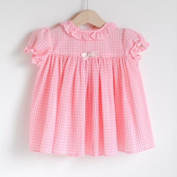 Vintage Toddler Pink GINGHAM Pleated Dress (12m)