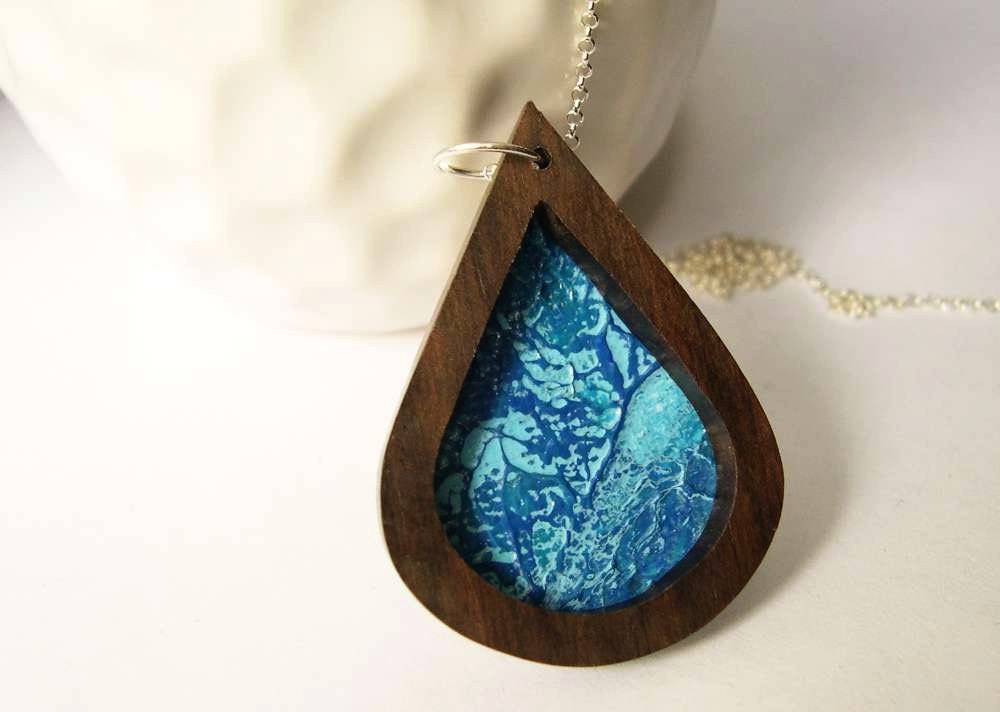 Wood Necklace - Blue Acrylic Painting, Sterling Silver, Pendant, Ebony, Brown, Abstract Art, Teardrop, Jewelry, Jewellery