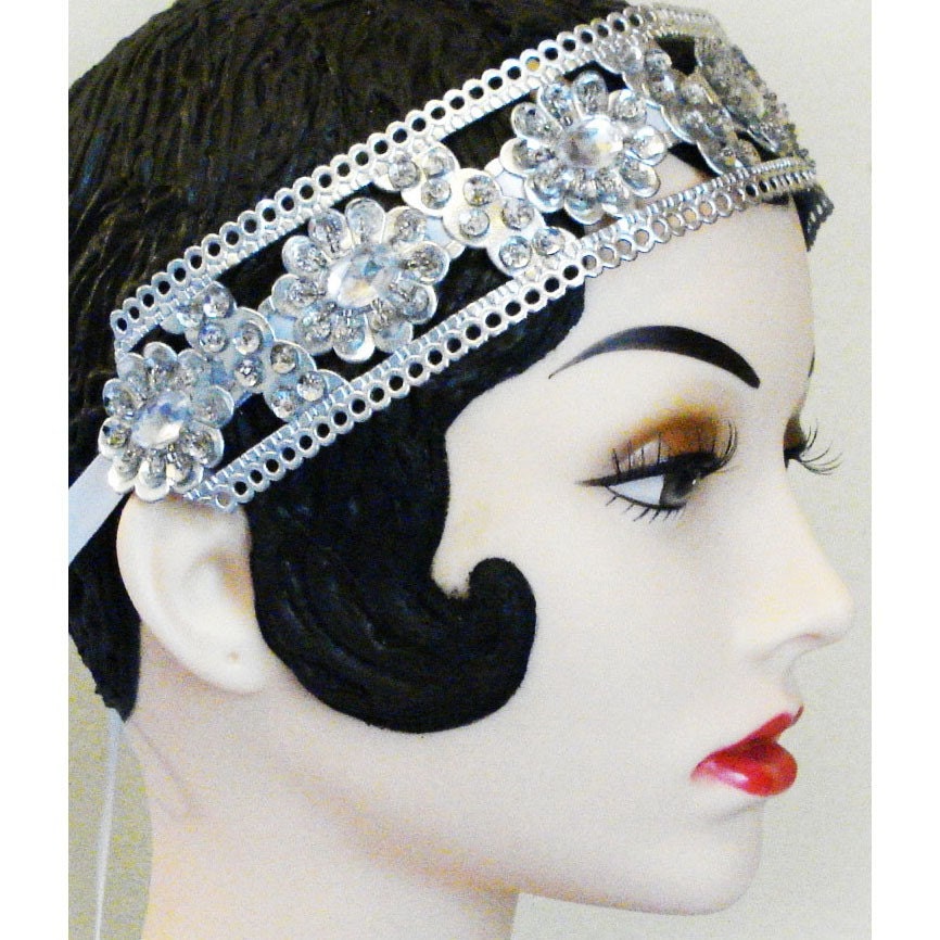 Busby Berkeley - Silver Lace Bejeweled Flapper Headband - Winter Bride SALE - by Moonshine Baby