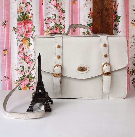 Snow Drop, French Vintage, White Leather, Wide Satchel, Handbag from Paris