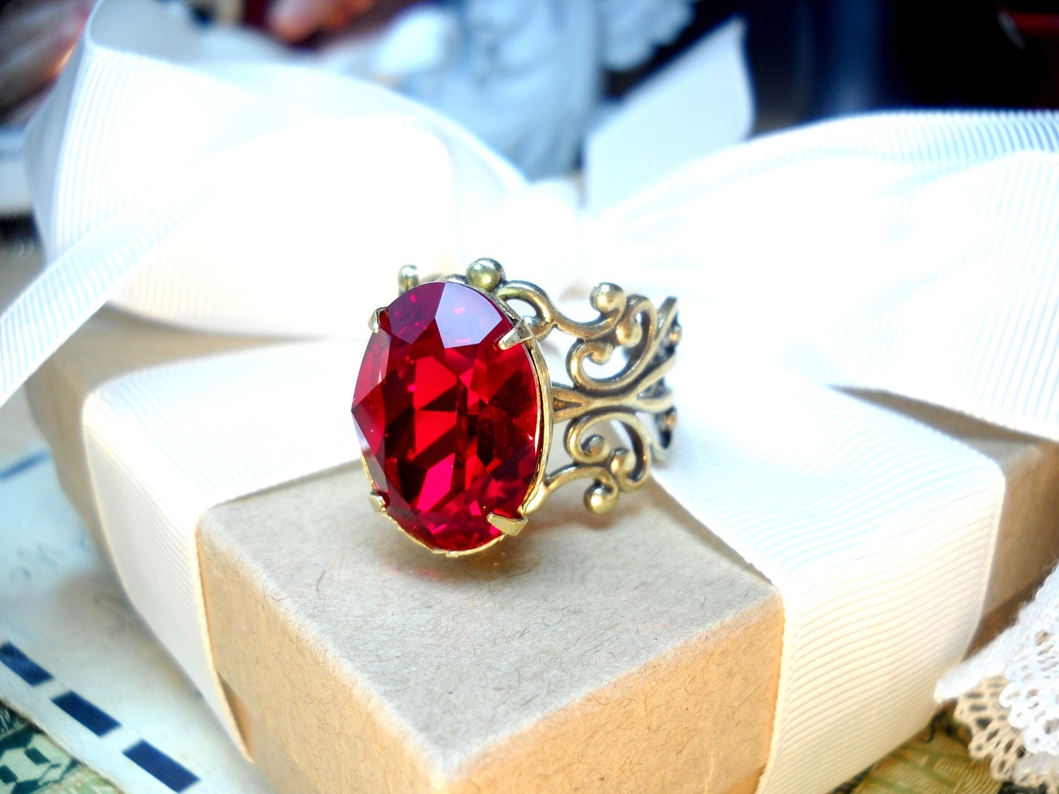 Royal Rose - Queen of Hearts - Swarovski Crystal - Vintage Estate Rhinestone Cocktail Ring. Alice in Wonderland Adjustable