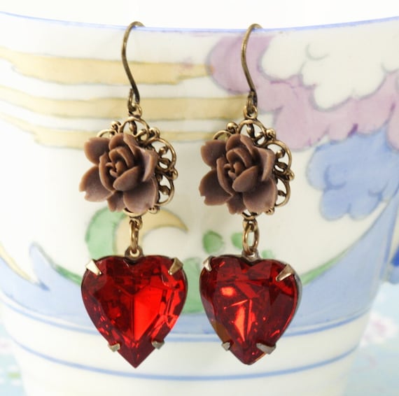 Chocolate Flower and Red Vintage Heart Jewel Earrings