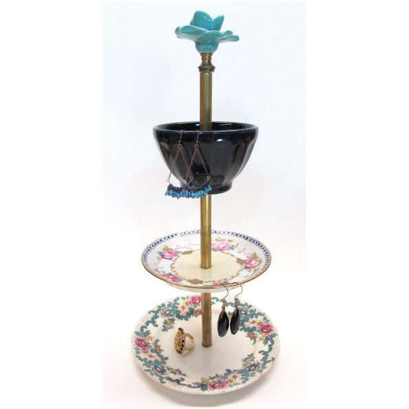 turquoise rose 3-tier antique jewelry stand