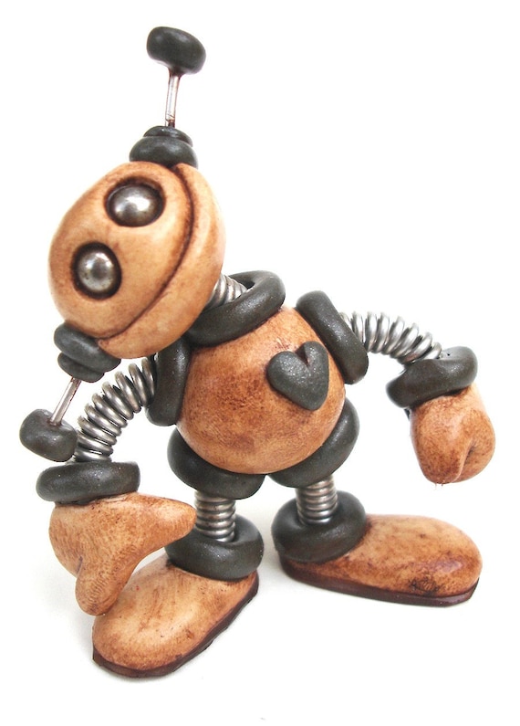 Gray Gabe Mini Grungy Robot  Sculpture - Polymer Clay, Wire, Paint