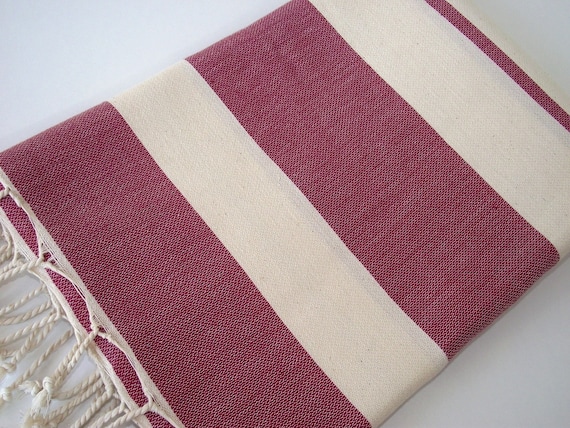 Best Quality Hand Woven Turkish Cotton Bath Towel or Sarong-Natural Cream and Burgundy