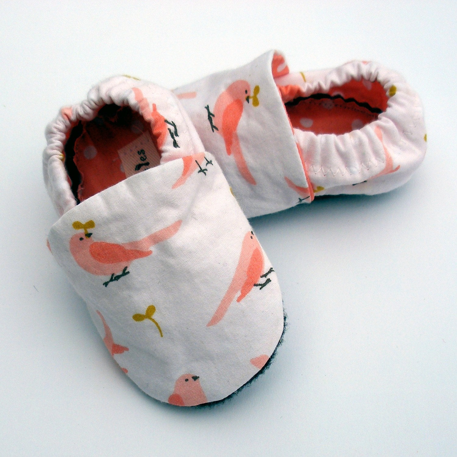 Organic Cotton Pink Bird Handmade Baby Shoes with Eco Felt Soles- Size 0 3 6 9 12 18 24 months