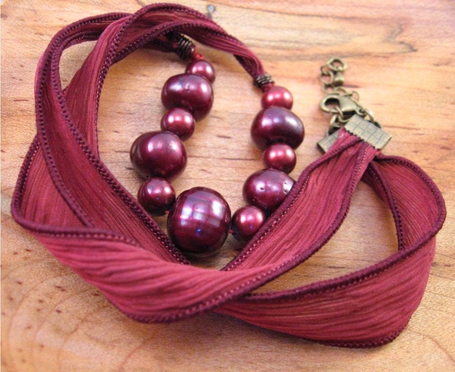 Abundance - Burgundy freshwater pearl silk ribbon necklace