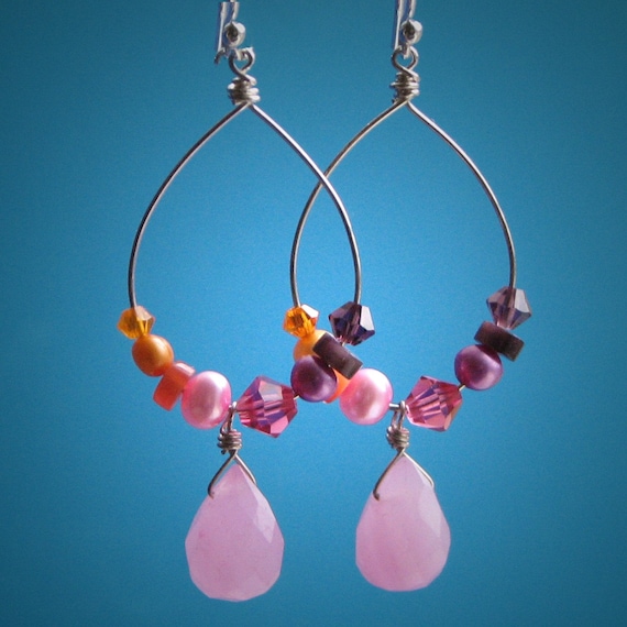 Rainbow Bright, Handmade Sterling Silver Hoop Earrings, Pink Jade Briolette, Freshwater Pearls, Swarovski Crystals