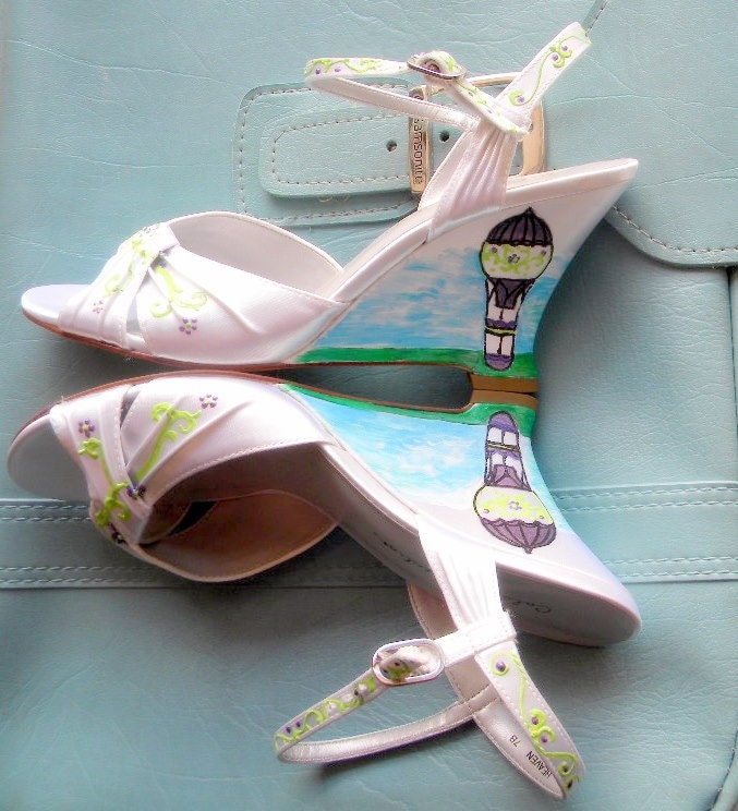 Shoes Bridal  wedges painted Hot air balloon "Travel in Style"