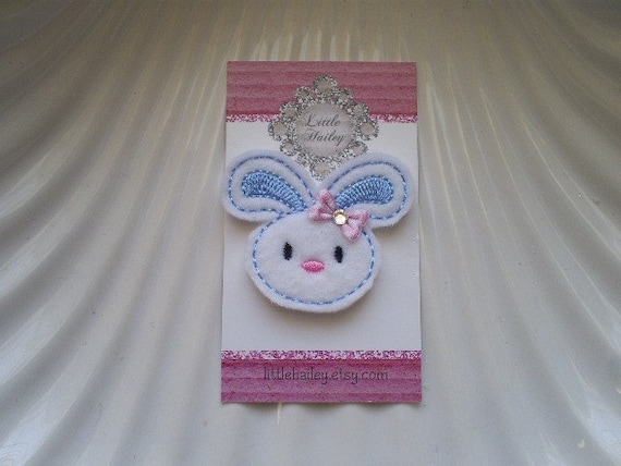 Little Bunny with Blue and Pink and White Polka Dot Bow and Swarvoski Crystal Hair Clip