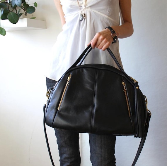 Leather Handbag OPELLE Ballet Bag Large Size in Black 