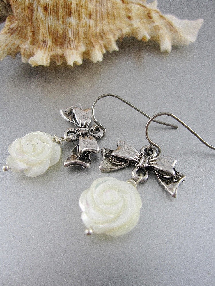 White Rose Earrings with Silver Bows. Modern. Romantic. Summer