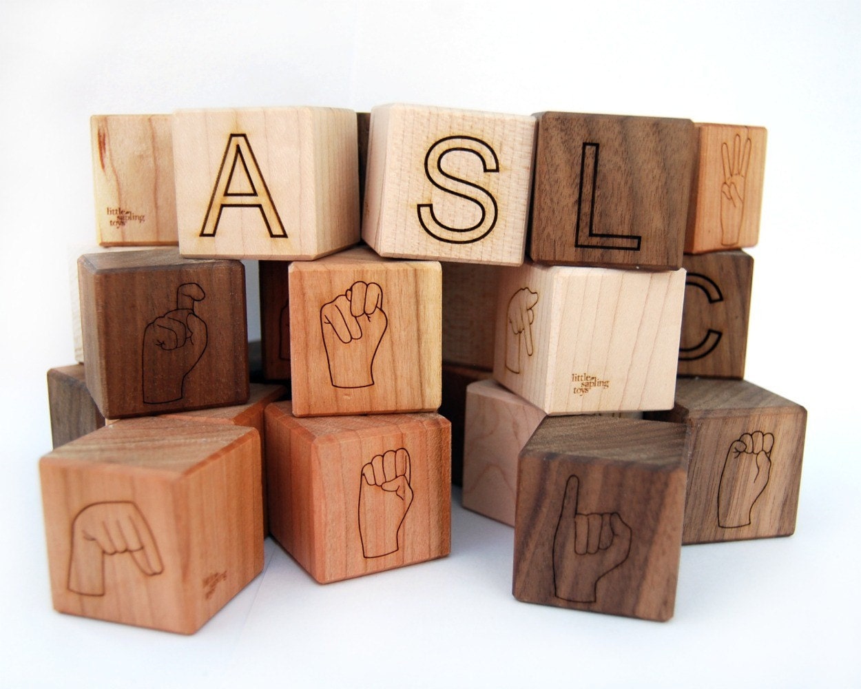 organic ASL Alphabet Blocks - 26 piece naturally colorful wooden Walnut, Cherry and Maple set