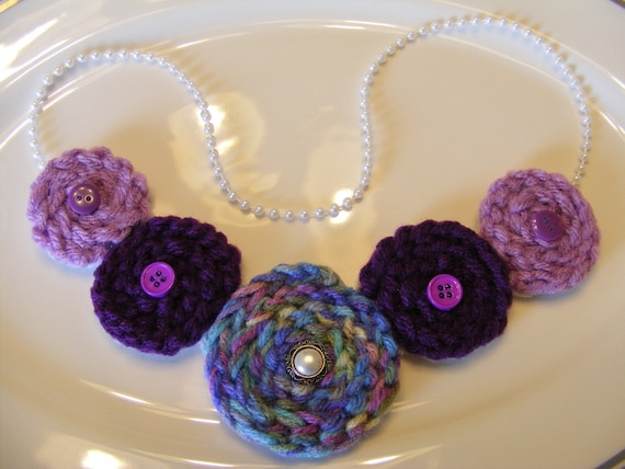 Crocheted Rosette Purple & Pearl Necklace